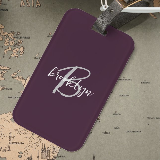 Étiquette À Bagage Trendy Plum Violet Gris Blanc Monogramme  (Créateur téléchargé)