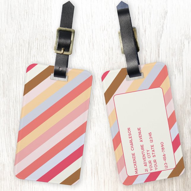 Étiquette À Bagage Tripe de bonbons diagonale moderne personnalisée (Muted diagonal candy stripe pattern personalized luggage tag)