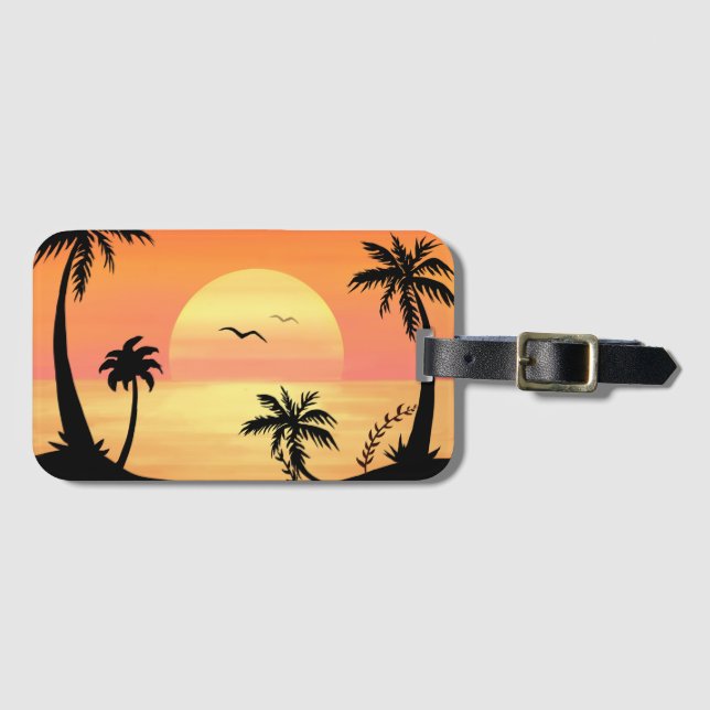 Étiquette À Bagage Tropical Beach Sunset Palm Tree Silhouette Art (Devant Horizontal)