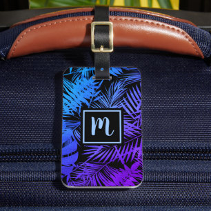 Étiquette À Bagage Tropical bleu violet feuille de palme monogramme m