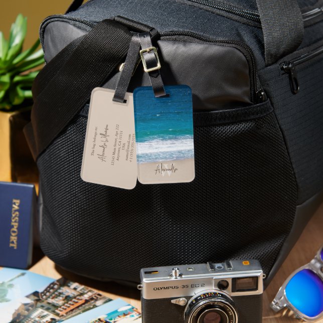 Étiquette À Bagage Tropical Blue Ocean Waves Sandy Beach Personnalisé (Recto & Verso)