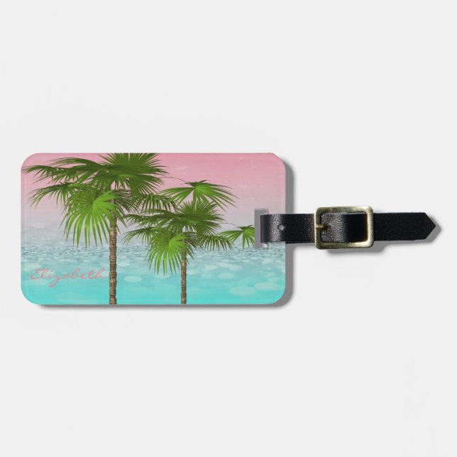 Étiquette À Bagage Tropical Girly Moderne, Palmier (Devant horizontal)
