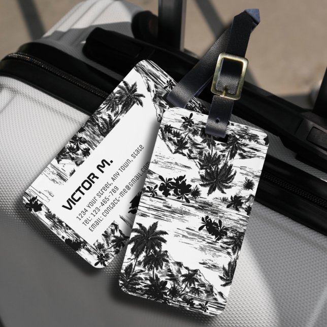 Étiquette À Bagage Tropical Hawaiian Island Black White Personnalisé (The modern custom luggage tag design with tropical theme in black and white color tones.)