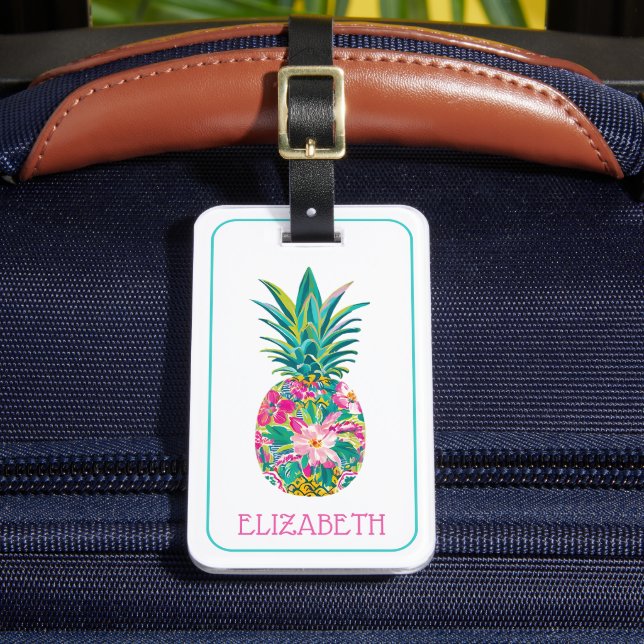 Étiquette À Bagage Tropical rose et vert floral Ananas (Insitu Rectoal 2)