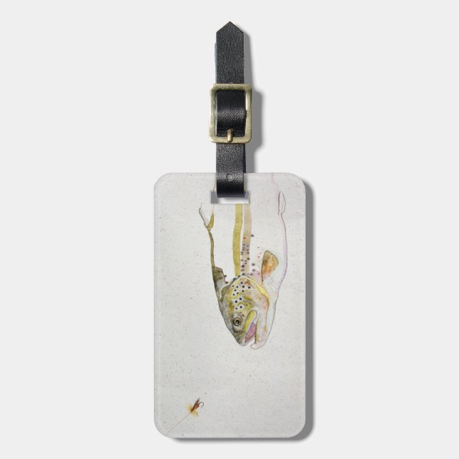 Étiquette À Bagage Truite chassant la mouche d'un pêcheur (Devant Vertical)
