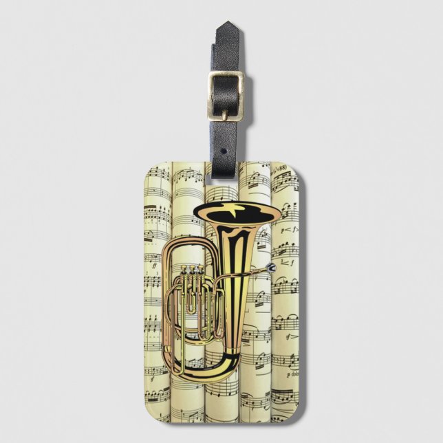 Étiquette À Bagage Tuba On Rolled Sheet Music ~ (Devant Vertical)