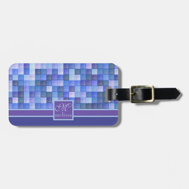 Étiquette À Bagage Tuiles carrées géométriques Teal violet bleu de (Devant horizontal)