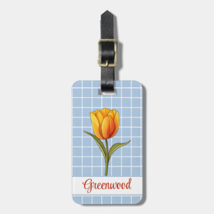 Étiquette À Bagage Tulipe orange, Grille bleu blanc, Personnalisé
