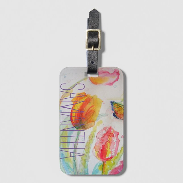 Étiquette À Bagage Tulipe Tulipe Rose Floral Aquarelle Nom de Femme (Devant Vertical)