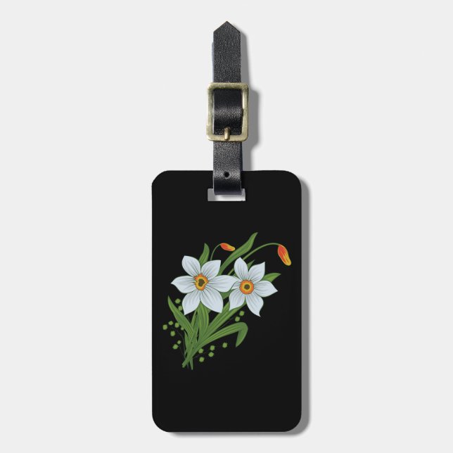 Étiquette À Bagage Tulipes et jonquilles Fleurs Fond noir (Devant Vertical)