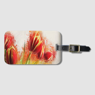 Étiquette À Bagage Tulipes jaunes rouges Floral éclaboussure Aquarell