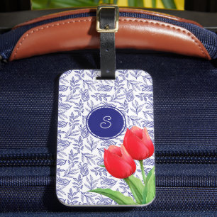 Étiquette À Bagage Tulipes Rouges Élégantes Floral de Printemps Monog