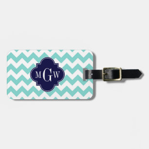 Étiquette À Bagage Turq / Aqua Blanc Chevron Navy 3 Initiale Monogram