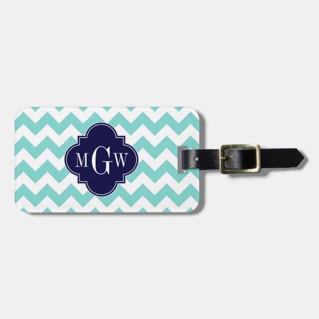 Étiquette À Bagage Turq / Aqua Blanc Chevron Navy 3 Initiale Monogram (Devant horizontal)