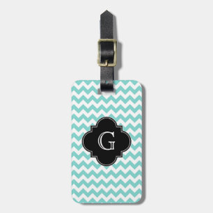 Étiquette À Bagage Turq / Aqua Blanc Chevron Noir Quatrefeuilles Mono