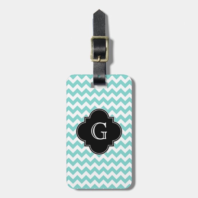 Étiquette À Bagage Turq / Aqua Wht Chevron Black Quatrefoil Monogramm (Devant Vertical)