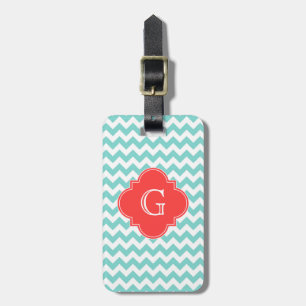 Étiquette À Bagage Turq / Aqua Wht Chevron Coral Quatrefoil Monogramm