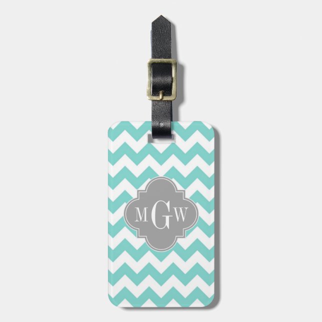 Étiquette À Bagage Turq / Aqua Wht Chevron Gris 3 Monogramme initial (Devant Vertical)