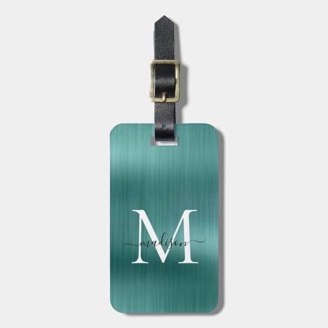 Étiquette À Bagage Turquoise Aqua Green brossé métal coulé Monogramme (Devant Vertical)