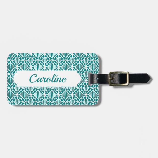 Étiquette À Bagage Turquoise avec Motif en dentelle Crochet blanc (Devant horizontal)