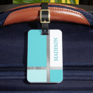 Étiquette À Bagage Turquoise Bleu Argent Feuille Bandes Bloc de Coule