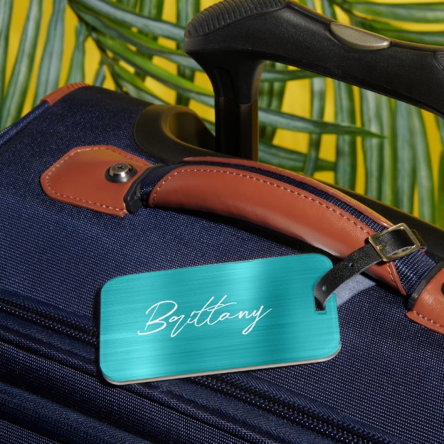 Étiquette À Bagage Turquoise Bleu Feuille Moderne Pinceau Écriture Pr (Insitu Rectoal 3)