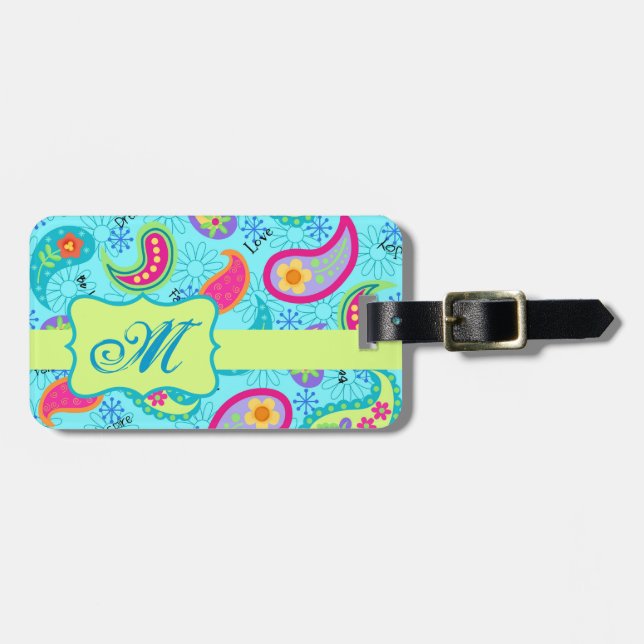 Étiquette À Bagage Turquoise Bleu Vert Moderne Paisley Monogramme (Devant horizontal)