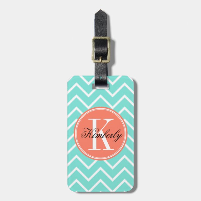 Étiquette À Bagage Turquoise Chevron avec le monogramme orange (Devant Vertical)