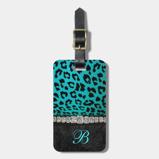 Étiquette À Bagage Turquoise de monogramme, étiquette noire de bagage (Devant Vertical)