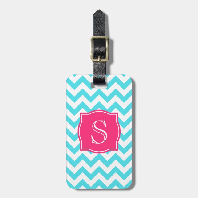 Étiquette À Bagage Turquoise de zigzag et monogramme fait sur (Devant Vertical)