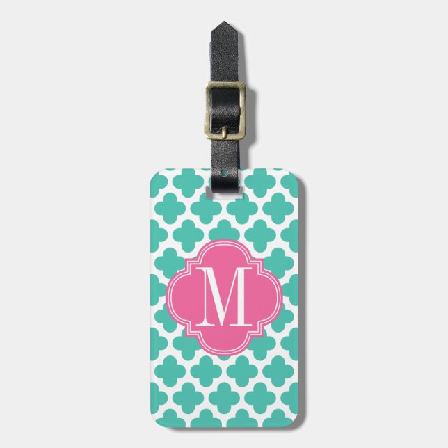 Étiquette À Bagage Turquoise Girly et Quatrefoil rose personnalisés (Devant Vertical)