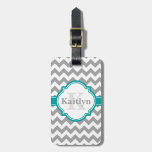 Étiquette À Bagage Turquoise Grey Chevron Motif & Quatrefoil marocain