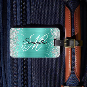 Étiquette À Bagage Turquoise Pailleté Argenté Monogramme Fantaisie