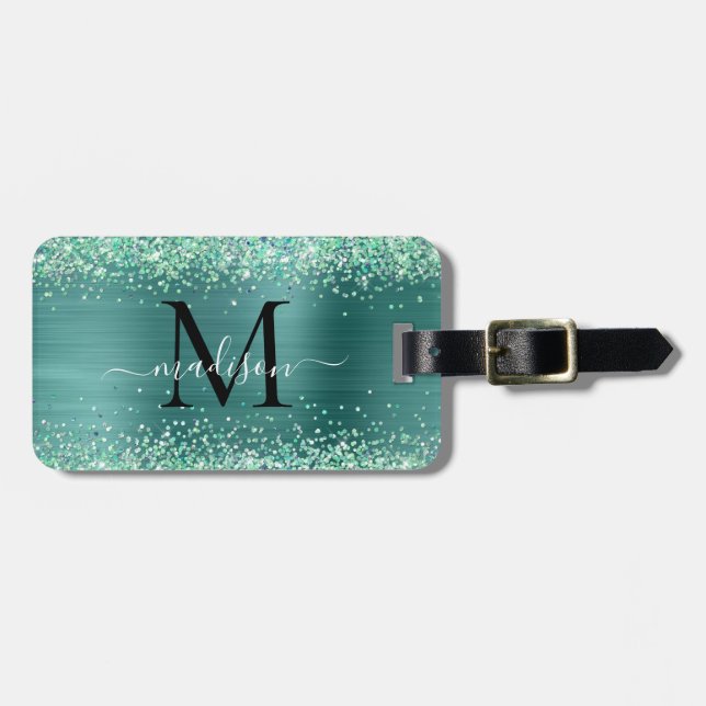 Étiquette À Bagage Turquoise vert Parties scintillant brosse métal Mo (Devant horizontal)