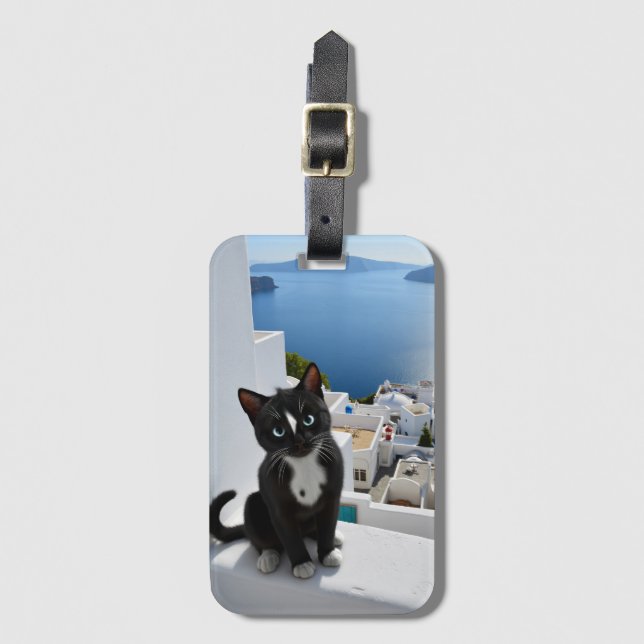Étiquette À Bagage Tuxedo Chat en Bleu et Blanc Bliss (Devant Vertical)