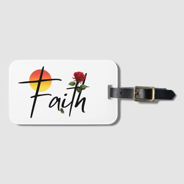 Étiquette À Bagage Typographie Faith Black avec rose (Devant Horizontal)