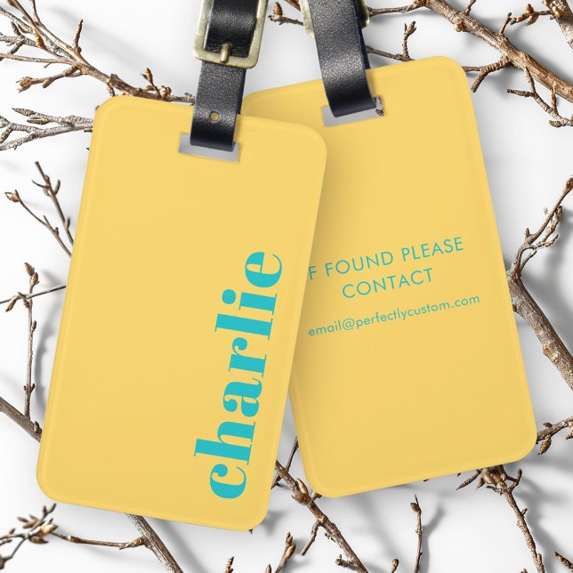 Étiquette À Bagage Typographie moderne jaune et turquoise (Modern typography yellow and teal luggage tag)
