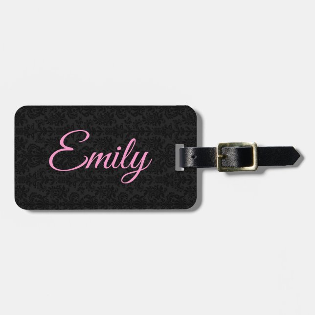 Étiquette À Bagage Typographie rose Motif noir Damas (Devant horizontal)