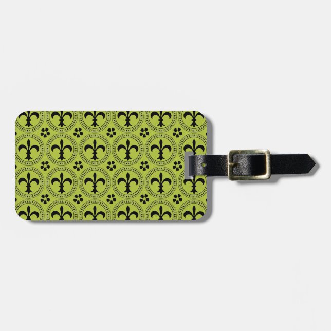 Étiquette À Bagage Un Acide Vert & Noir Unique et Chic Fleur De Lis (Devant horizontal)