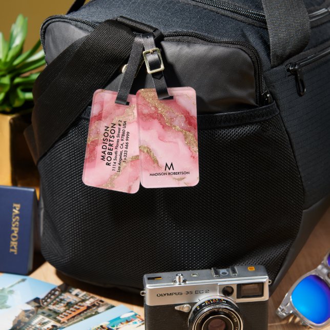 Étiquette À Bagage Un fond en marbre rose luxueux (Recto & Verso)
