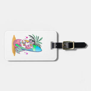Étiquette À Bagage Unicorne avec planche de surf sur la plage