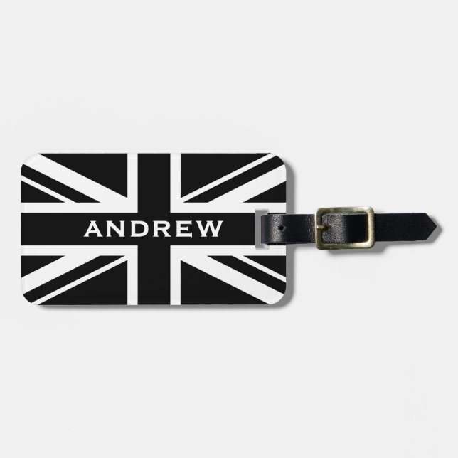Étiquette À Bagage Union Jack ~ Noir et Blanc (Devant horizontal)