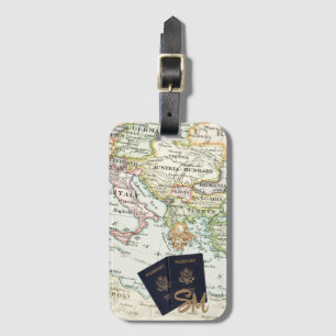 Étiquette À Bagage Vacances avec carte ancienne vintage et passeport