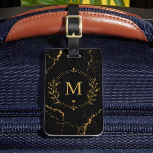 Étiquette À Bagage Vacances Fleur de Marbre Noir et Or Personnalisé