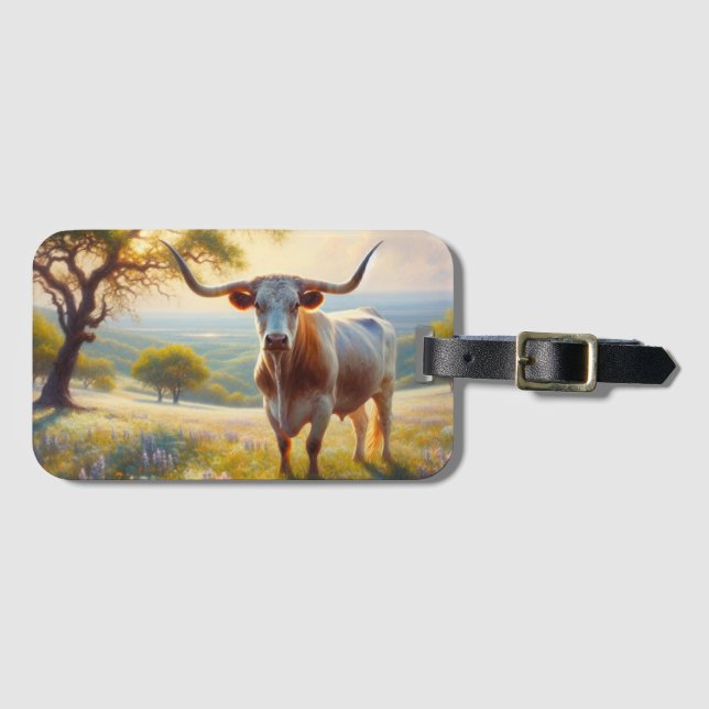 Étiquette À Bagage Vache à landes du printemps du Texas (Devant Horizontal)