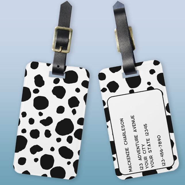 Étiquette À Bagage Vache amusante Imprimé noir et blanc Personnalisé (Fun cow hide pattern black and white personalized luggage tag)