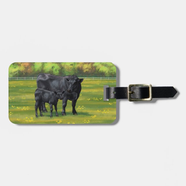 Étiquette À Bagage Vache d'Angus noir et veau mou en pâturage d'été (Devant horizontal)