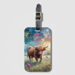 Étiquette À Bagage Vache de Highland dans le champ de fleurs