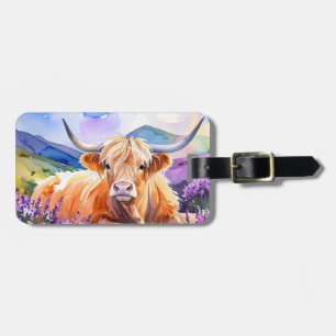 Étiquette À Bagage Vache Highland dans l'aquarelle de Heather violett