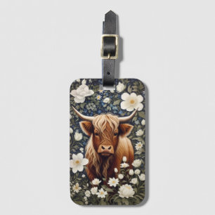 Étiquette À Bagage Vache Highland Élégant Blanc Floral